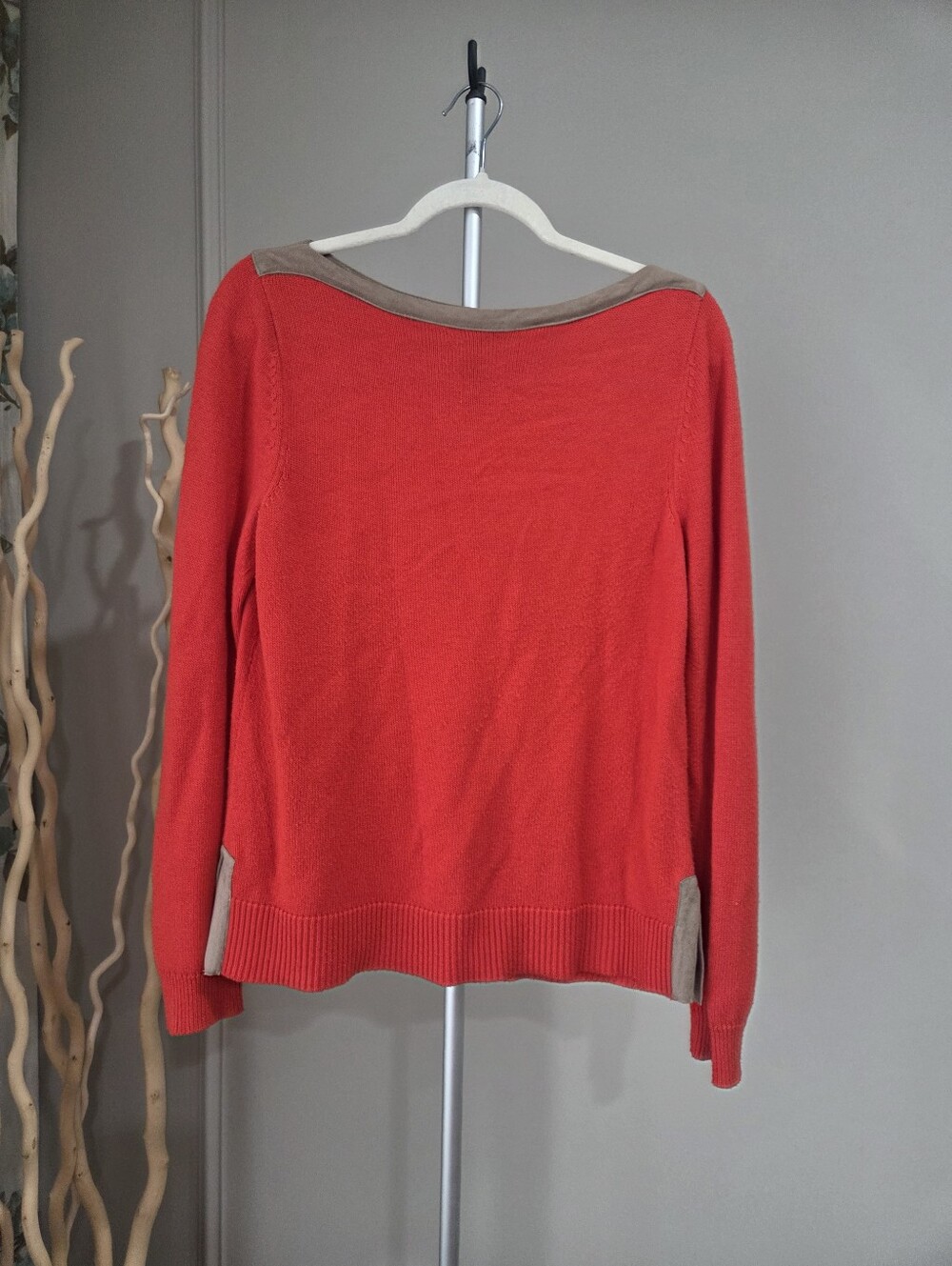 Ralph Lauren Orange -Red Crewneck Sweater with Taupe Trim Sz.MP